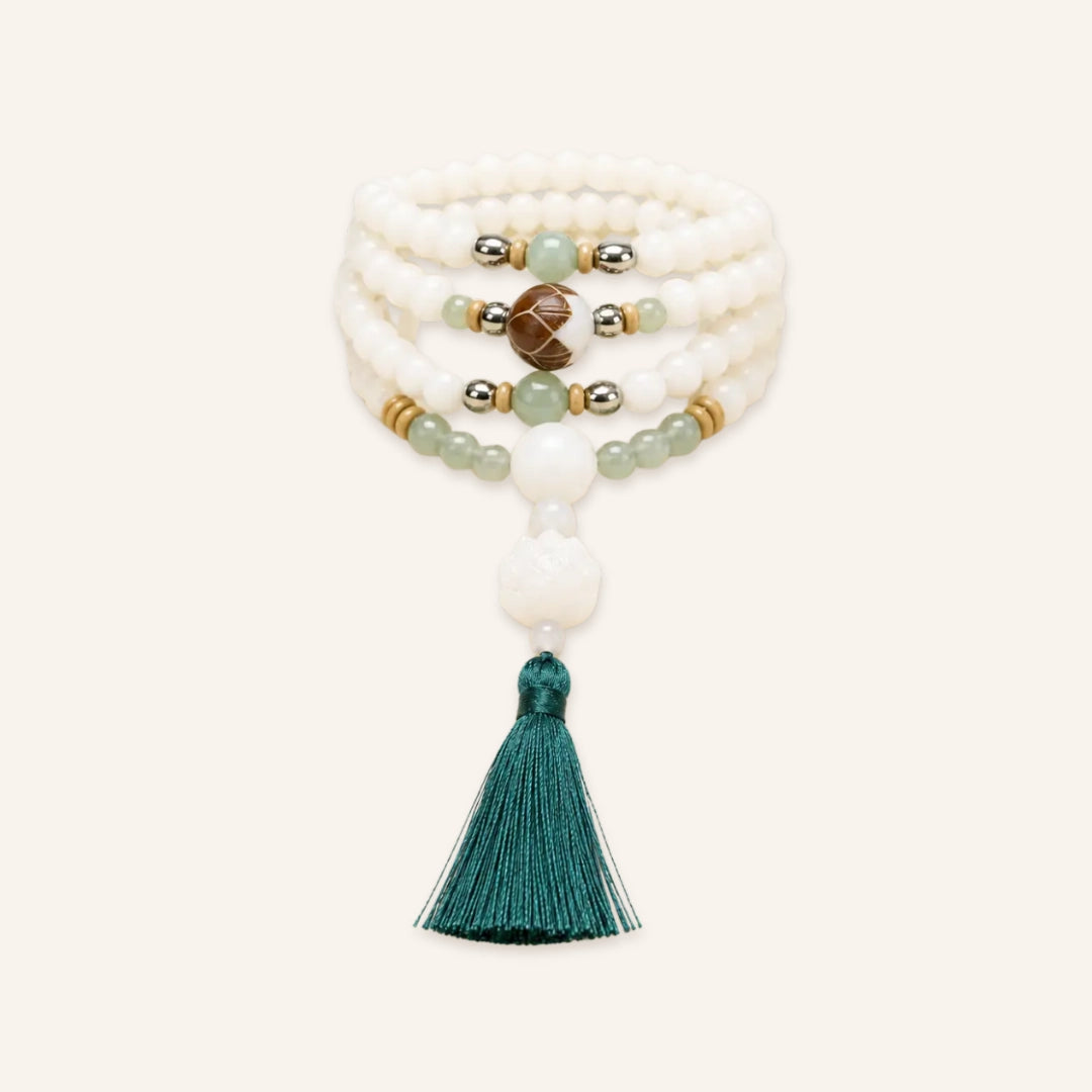 Clean Renewal White Bodhi 108 Mala with green accents and teal tassel
