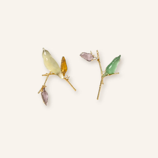 Magpie Branch Jade-Style Stud Earrings