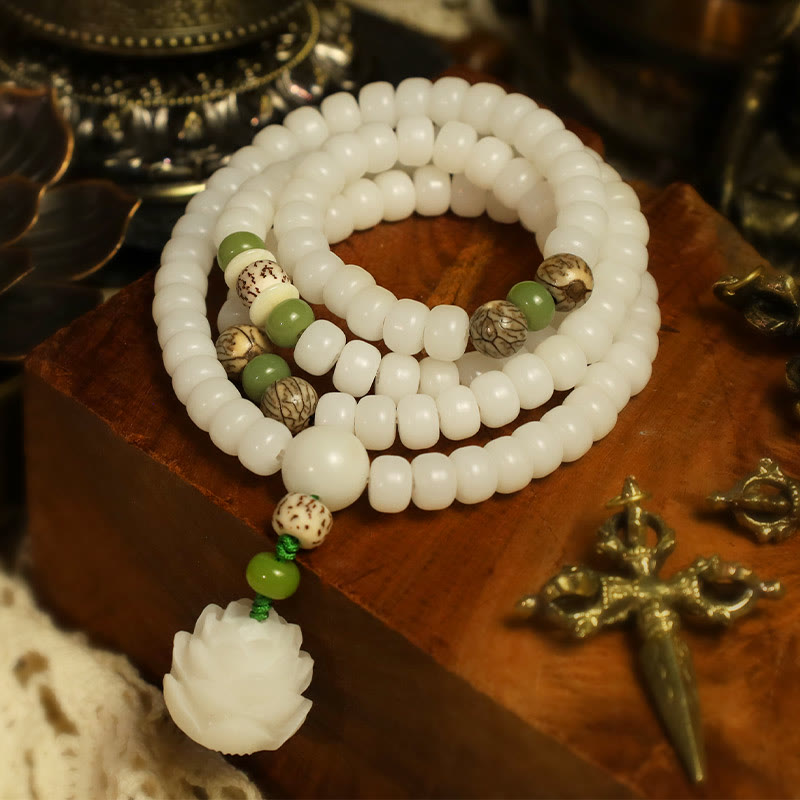 Handcrafted white jade mala bracelet symbolizing calm and purity
