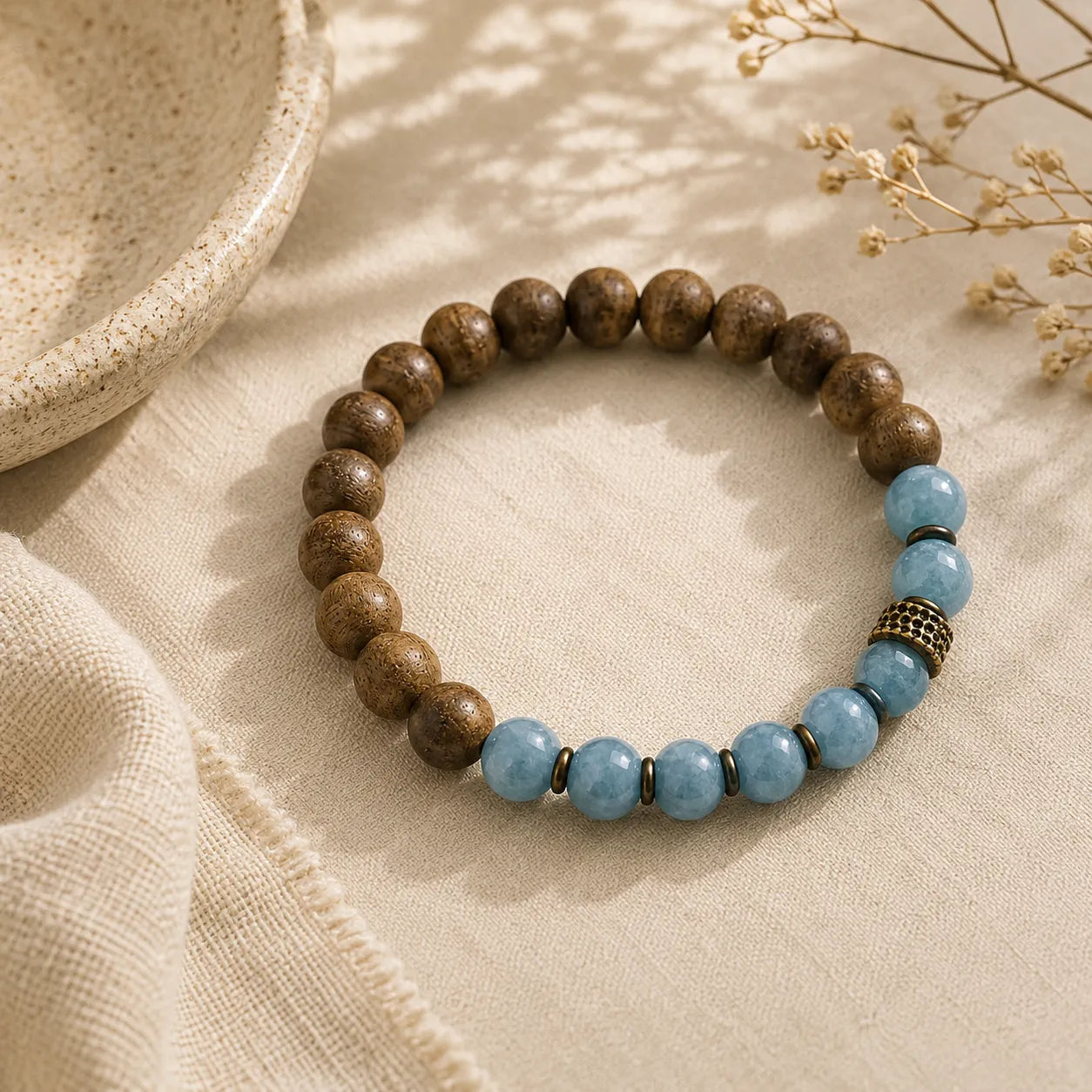 Agarwood & Blue Chalcedony Bracelet detail view with chalcedony