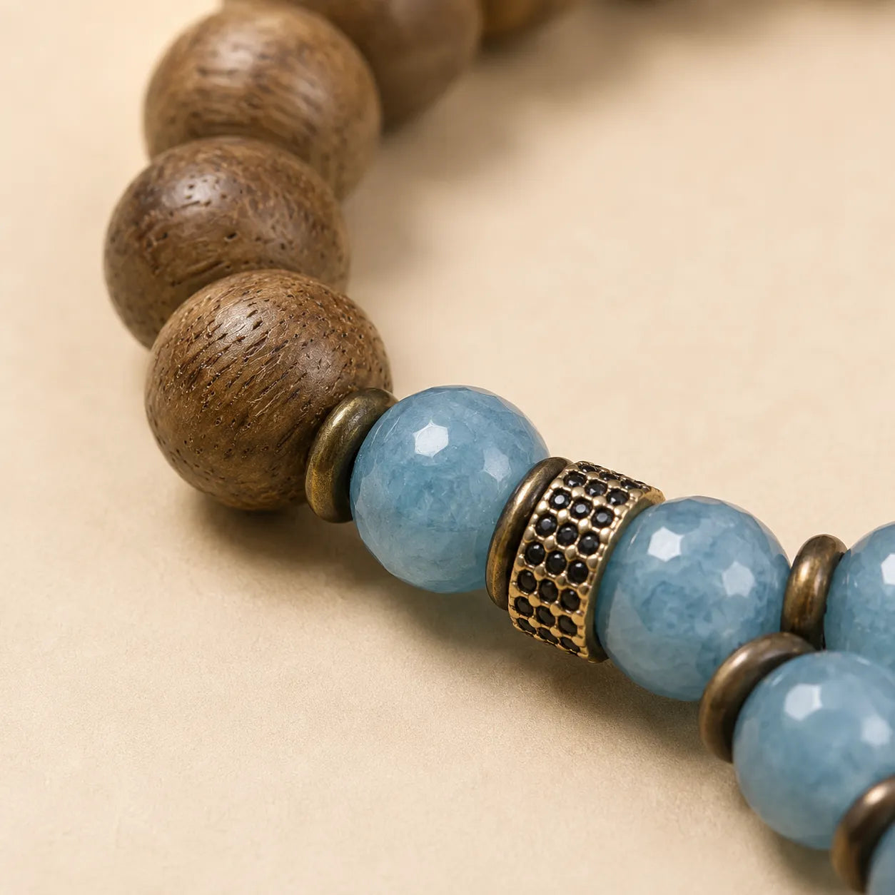 Agarwood & Blue Chalcedony Bracelet shown from another angle with chalcedony