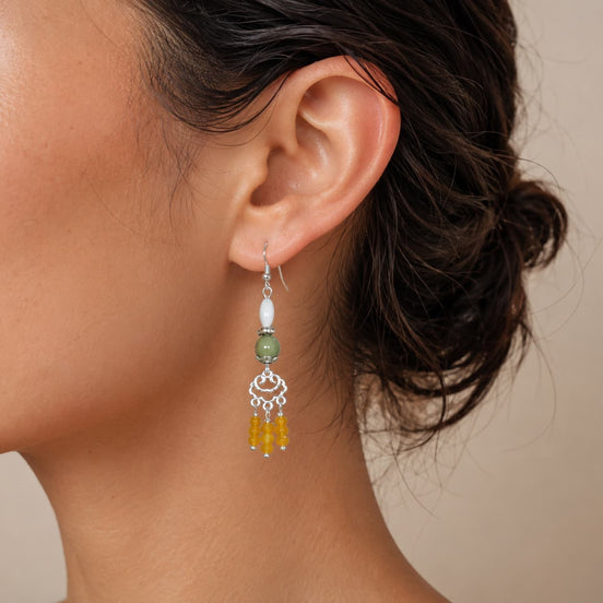 Close-up of Agate Shell Tassel Earrings with agate and chalcedony