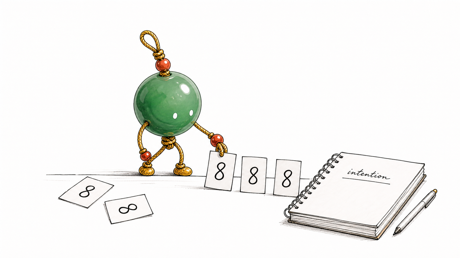 TheFuMaster bead person arranging 888 cards as a grounded abundance reminder