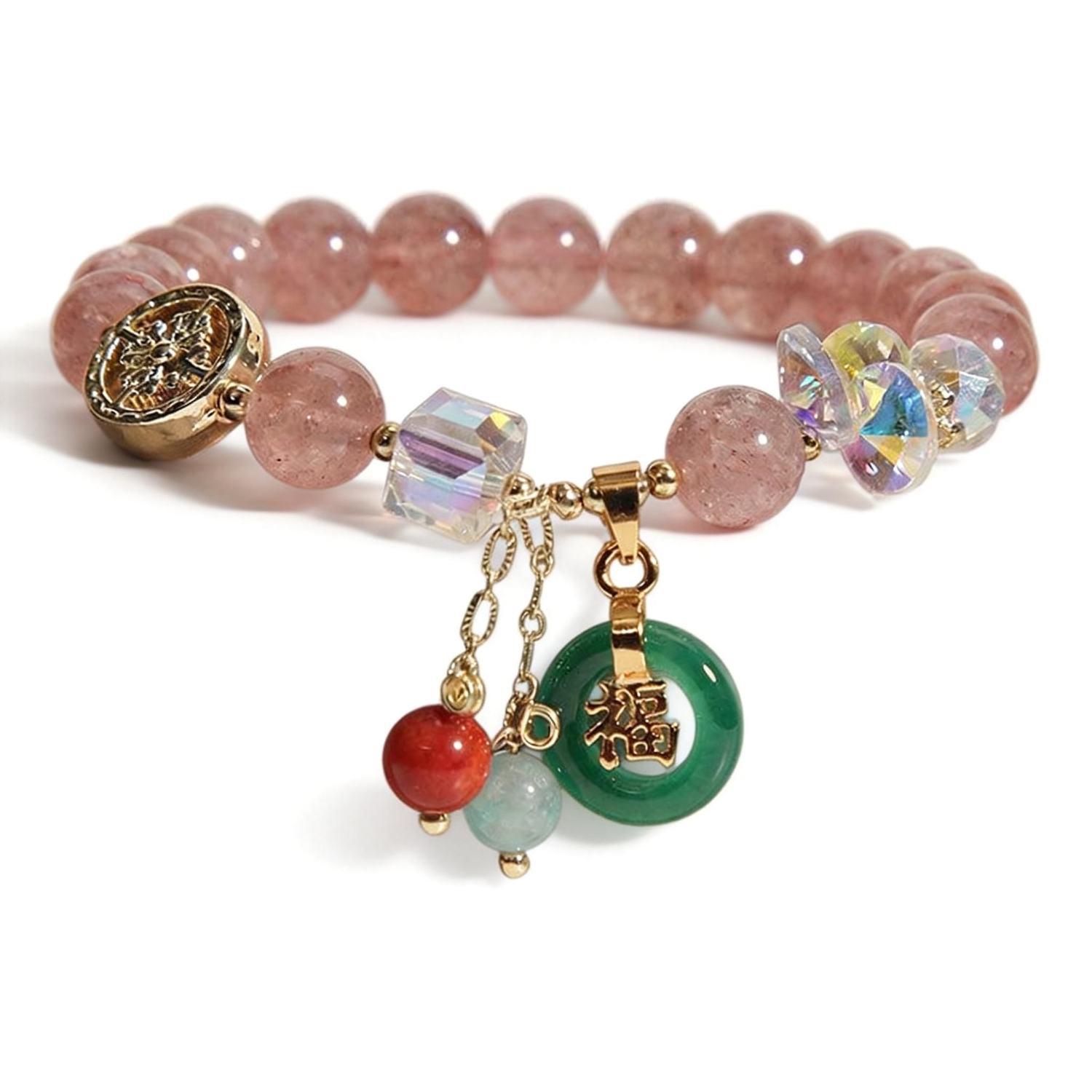 Strawberry Quartz & Jade “Fu” Charm Bracelet