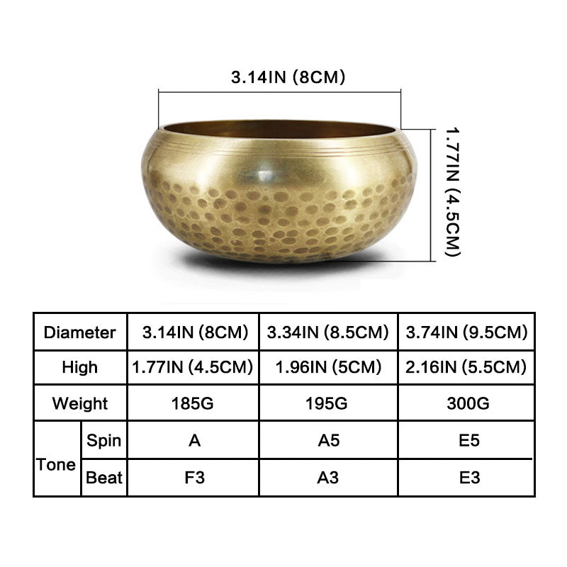 Brass singing bowl with dimensions and specifications on a white background