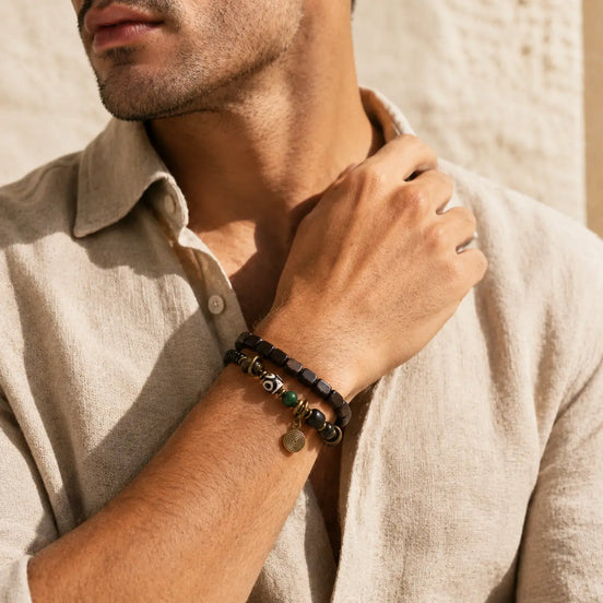 Black ebony bead bracelet worn on the wrist