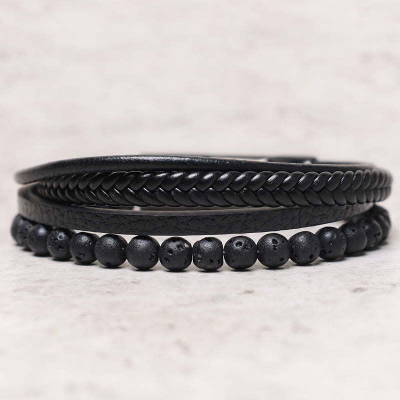 Side view of TheFuMaster black obsidian and lava rock leather bracelet showing layered design
