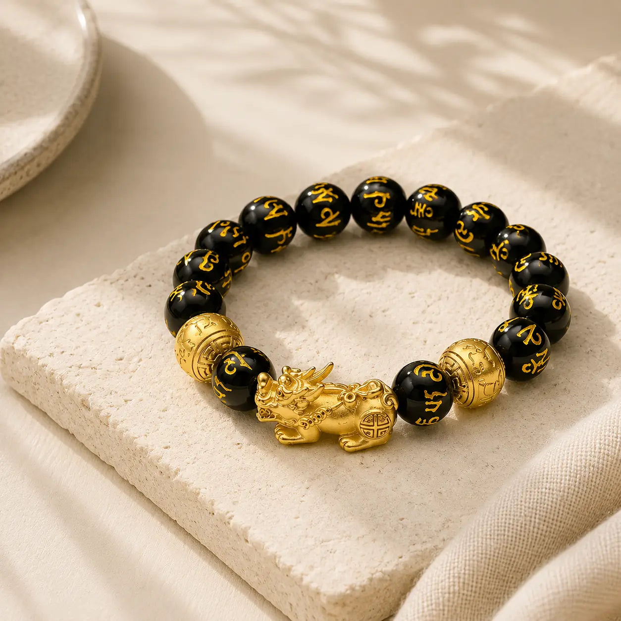 Black Pixiu Symbol Bracelet detail view with black obsidian and pixiu