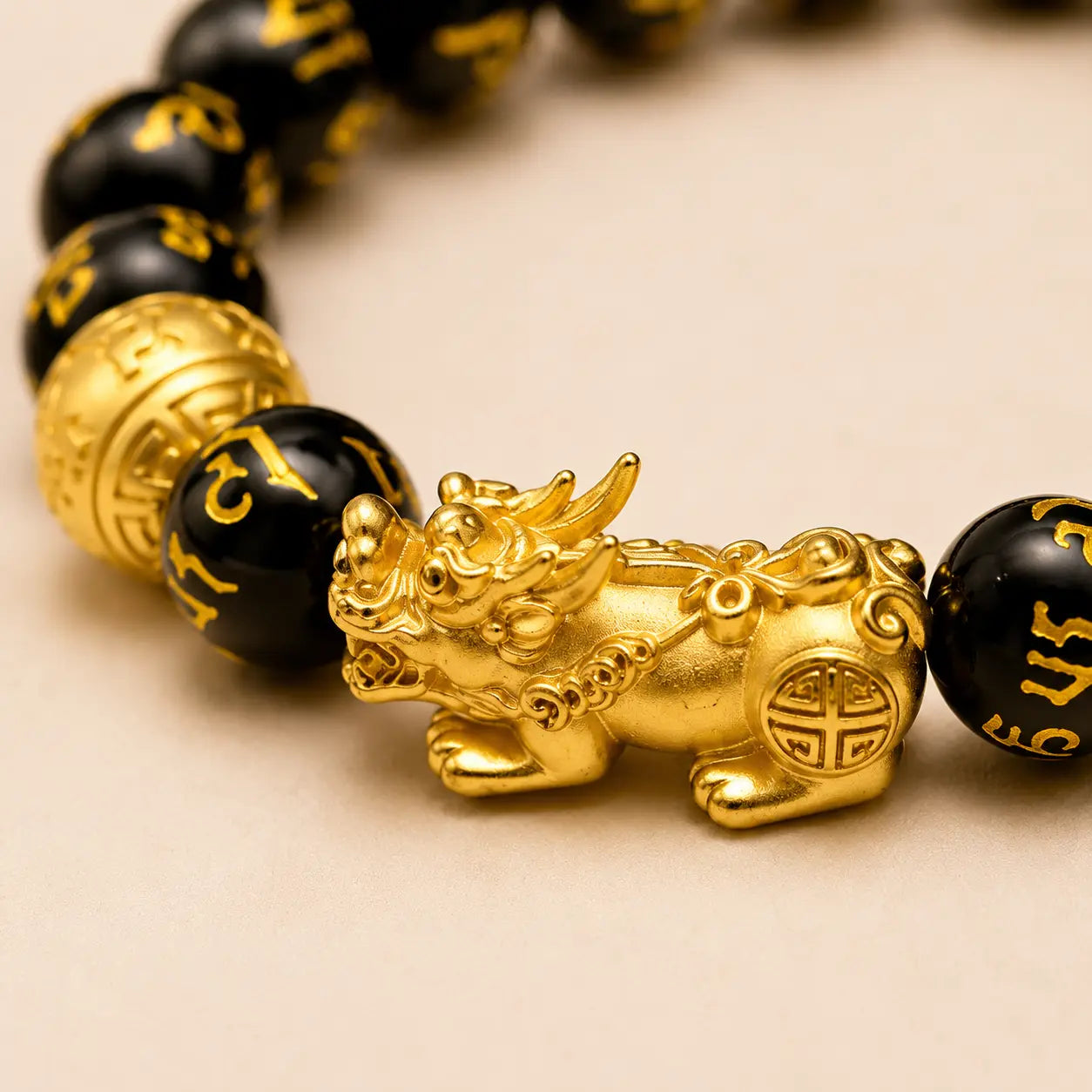 Black Pixiu Symbol Bracelet shown from another angle with black obsidian and pixiu