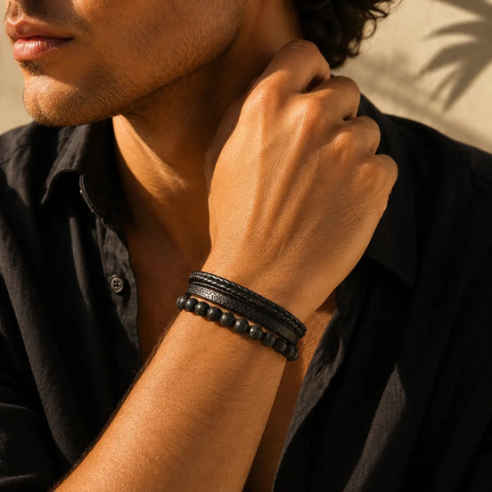 Black stone leather bracelet worn on the wrist