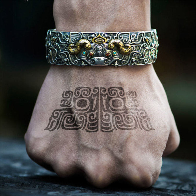 Blessed PiXiu Engraved Wealth Bracelet on wrist with intricate Chinese design – TheFuMaster
