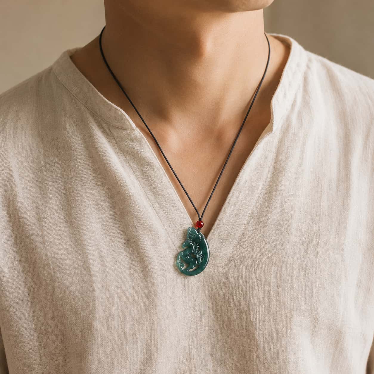 Close-up of Blue Jade Horse Zodiac Pendant with green jade