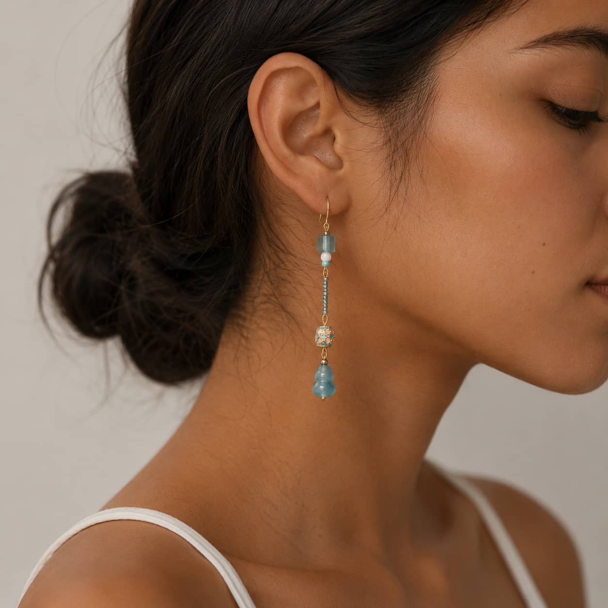 Close-up of Blue Jade Stone Drop Earrings