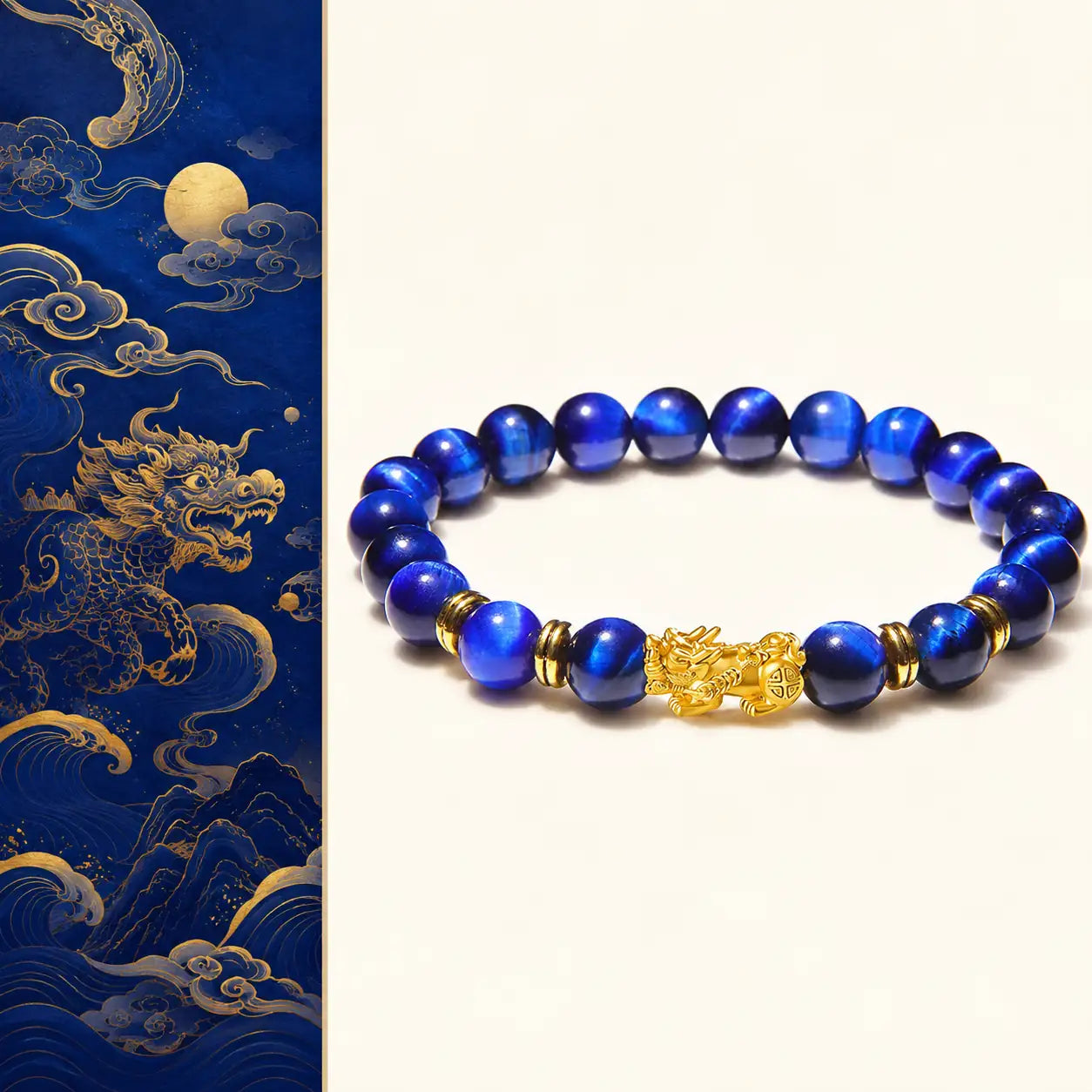 Blue tiger eye Pixiu bracelet detail image with Pixiu charm by TheFuMaster