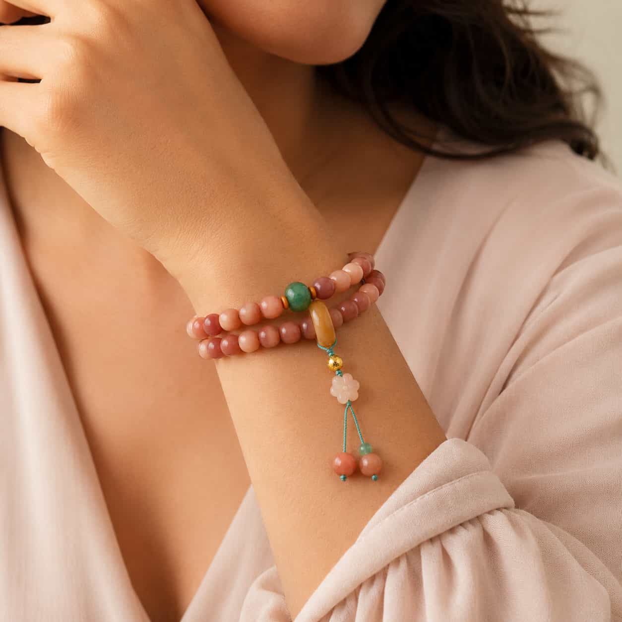 Close-up of Blush Red Bodhi Mala Bracelet with bodhi