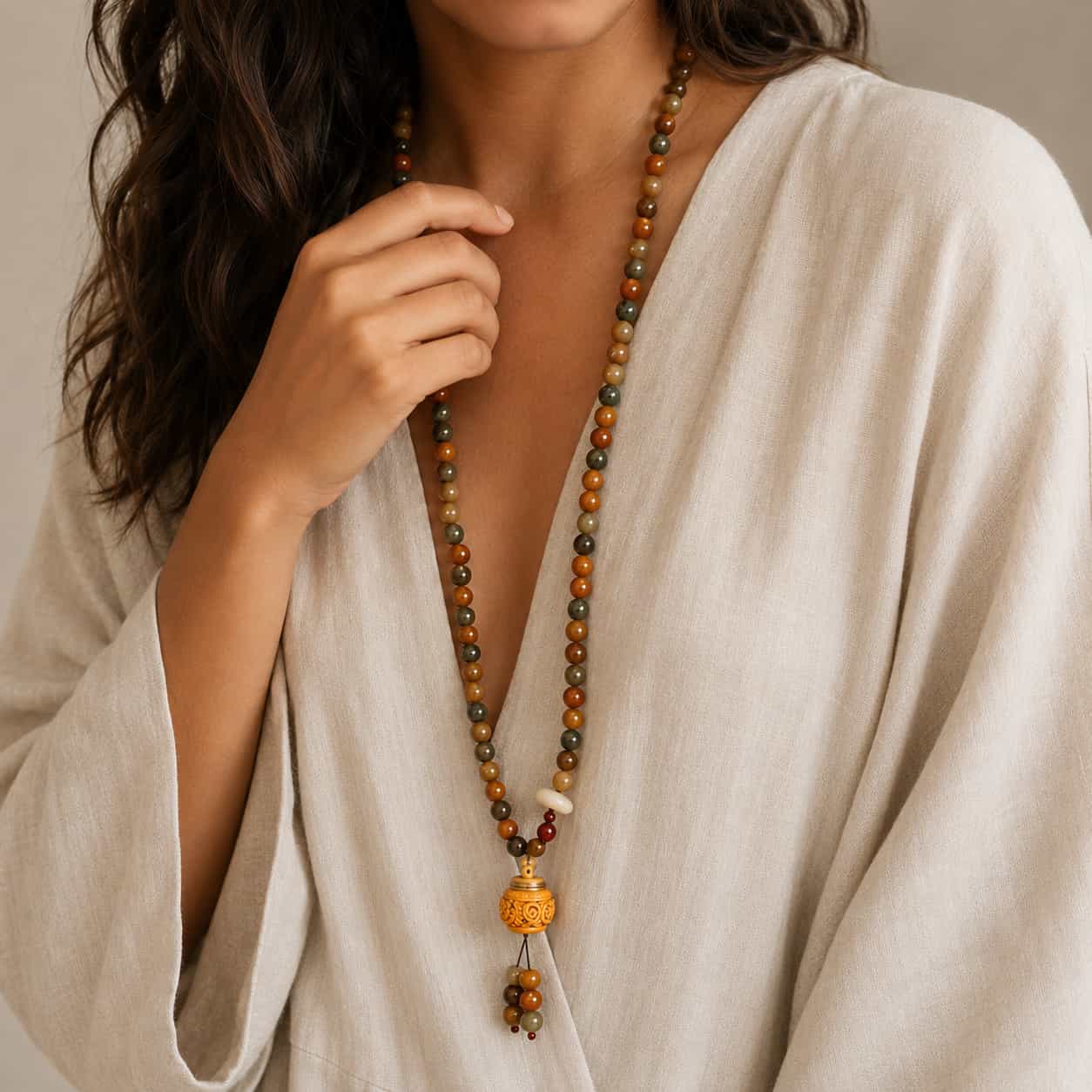 Close-up of Bodhi 108 Wrist Mala with bodhi