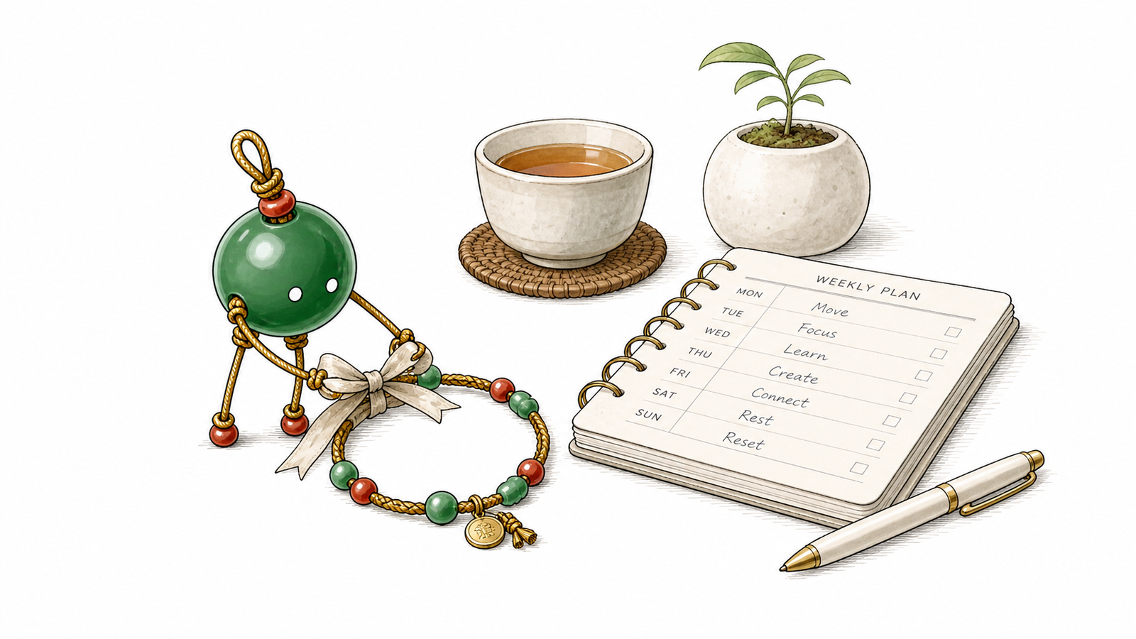 TheFuMaster bead-person tying a bracelet beside tea, a plant, and a planner as a daily reset cue after a breakup