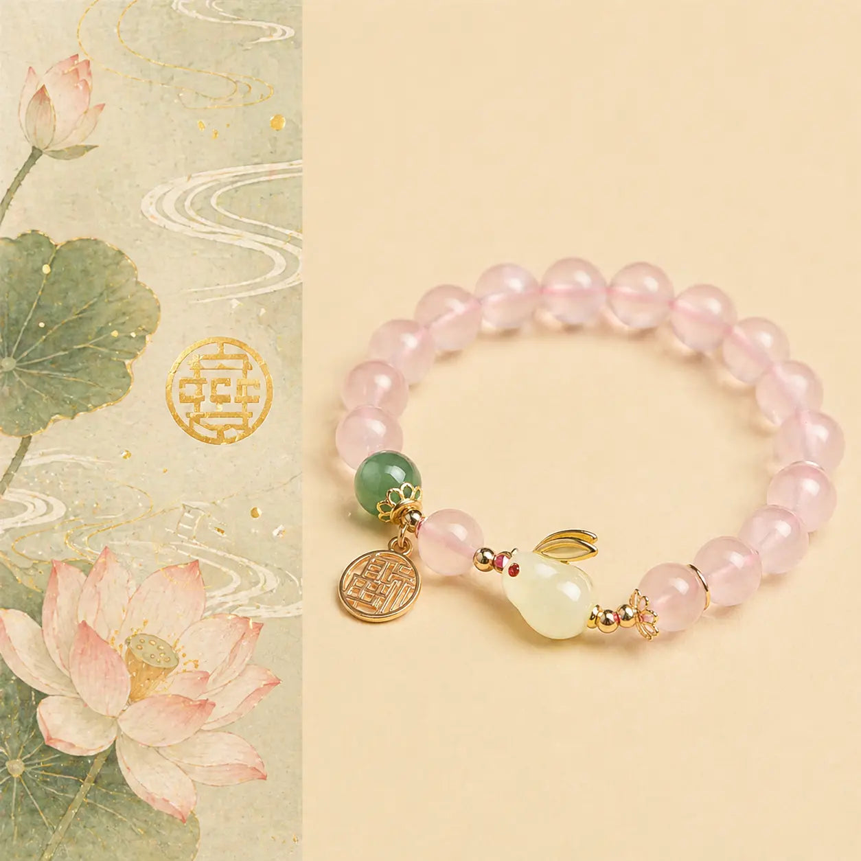 Sacred Pink Crystal and Green Agate Bunny Love Happiness Bracelet with pink beads, green agate, and bunny charm by TheFuMaster
