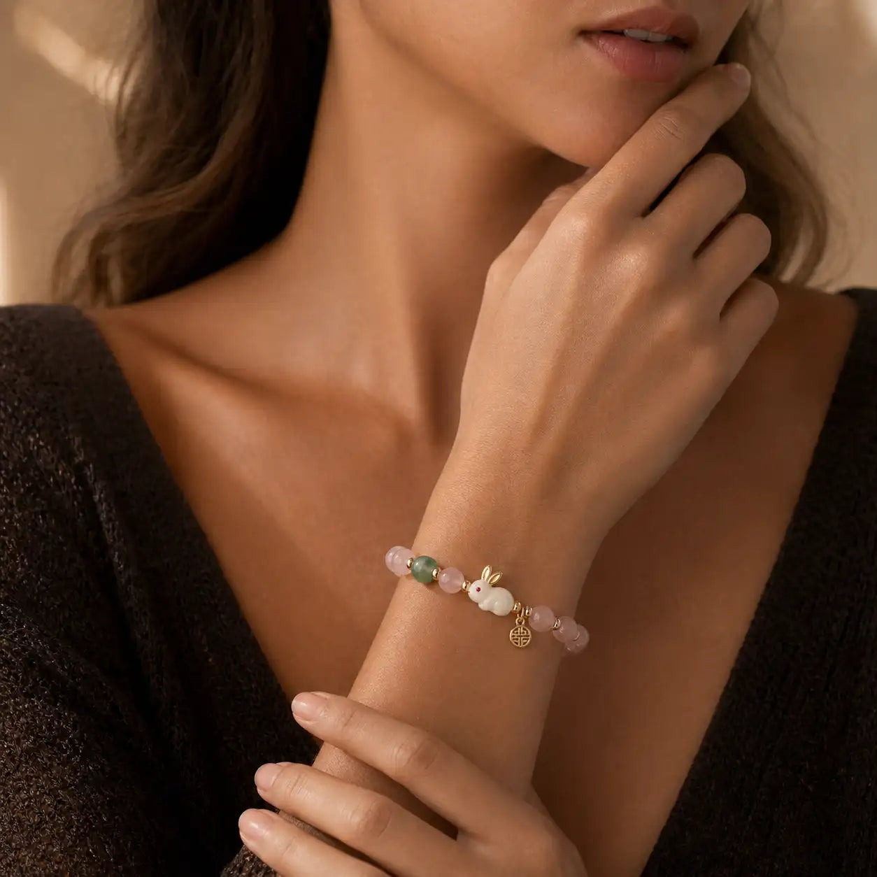 Sacred Pink Crystal and Green Agate Bunny Love Happiness Bracelet worn on hand with pink and green beads
