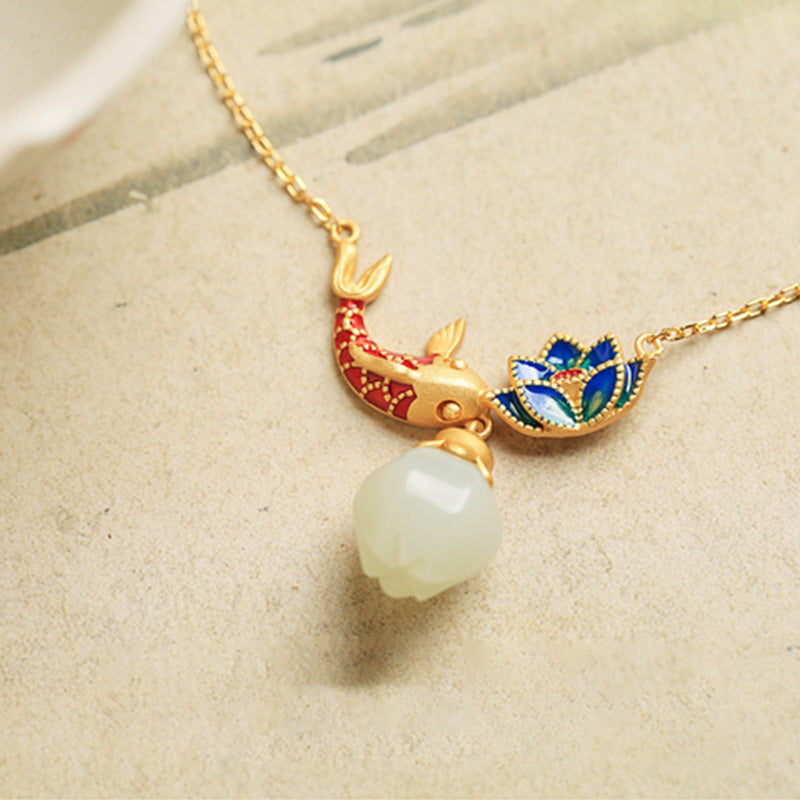 The Luminous Emergence White Jade Lotus & Koi Necklace
