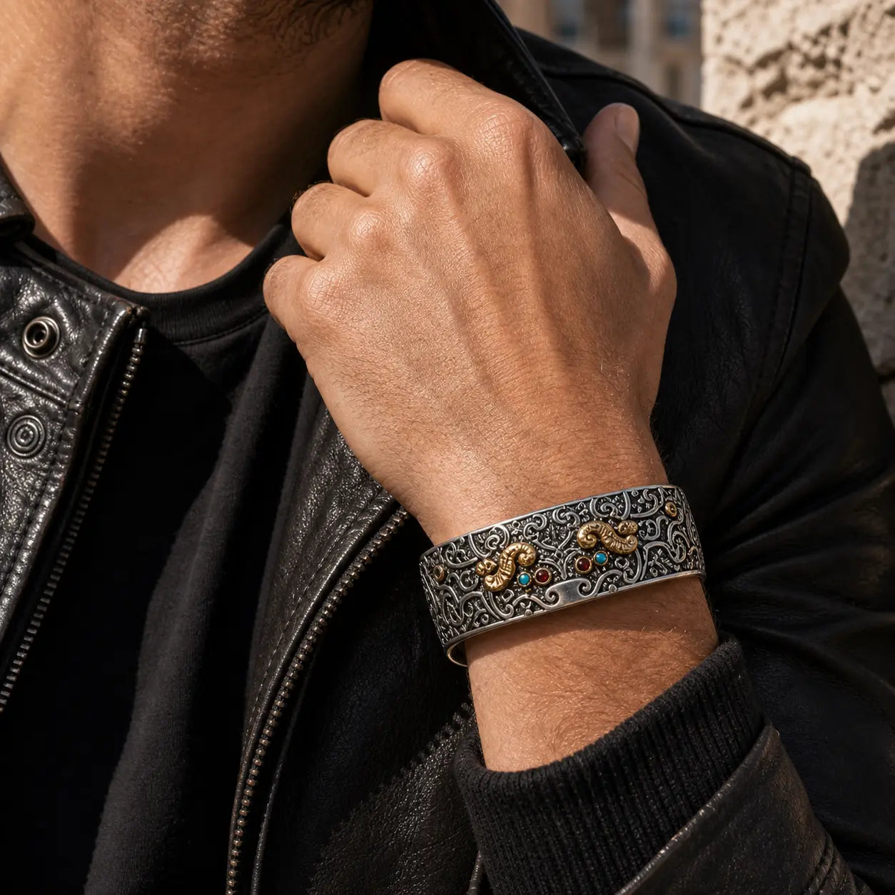 Close-up of Carved Pixiu Cuff Bracelet with pixiu