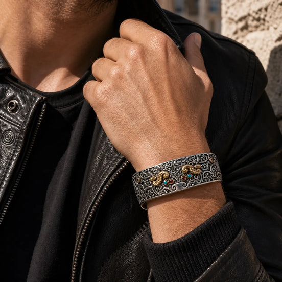 Close-up of Carved Pixiu Cuff Bracelet with pixiu