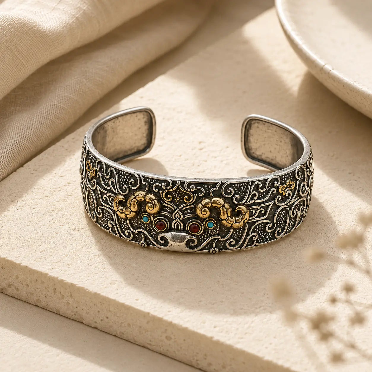 Carved Pixiu Cuff Bracelet shown from another angle with pixiu