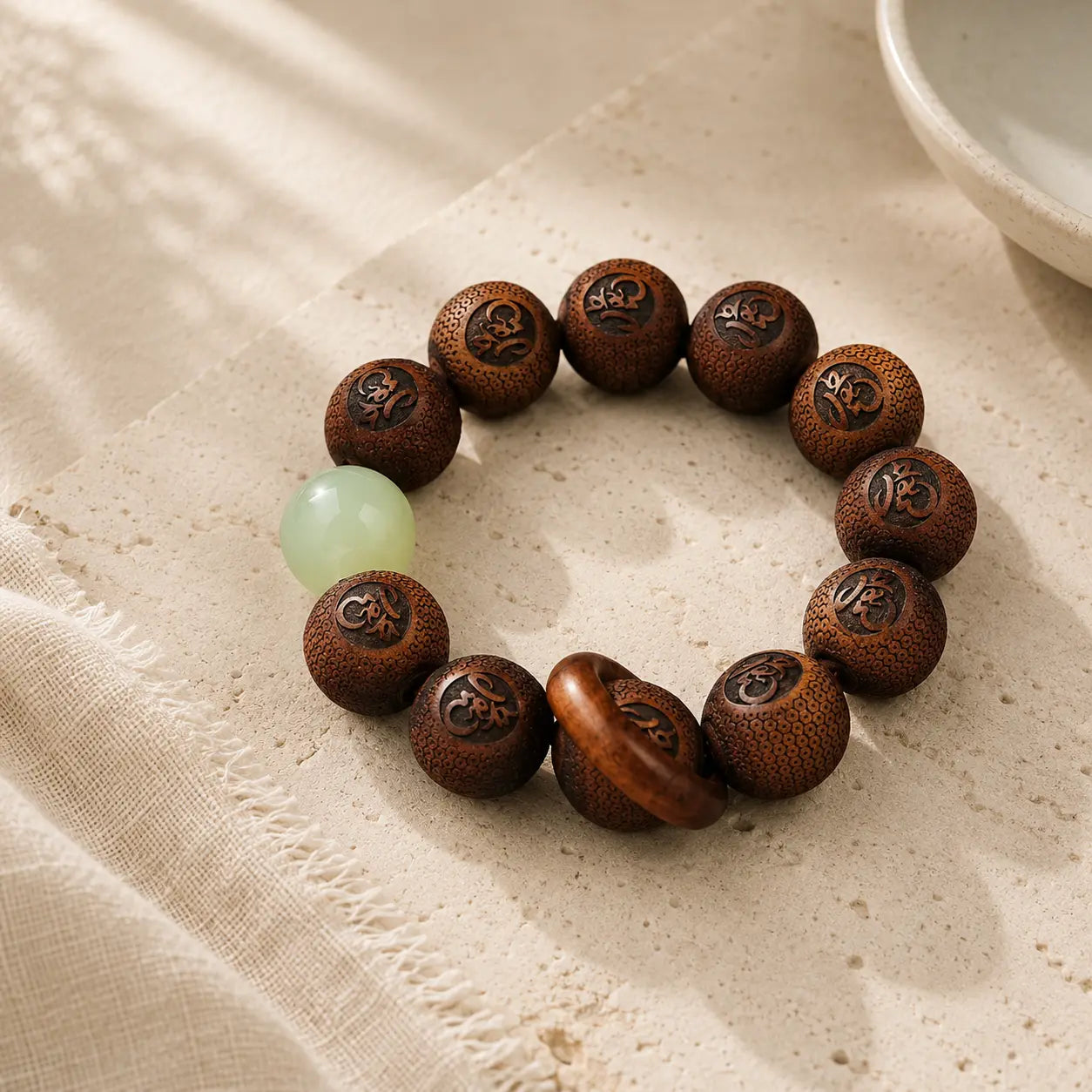 Carved Wood Strand Bracelet detail view