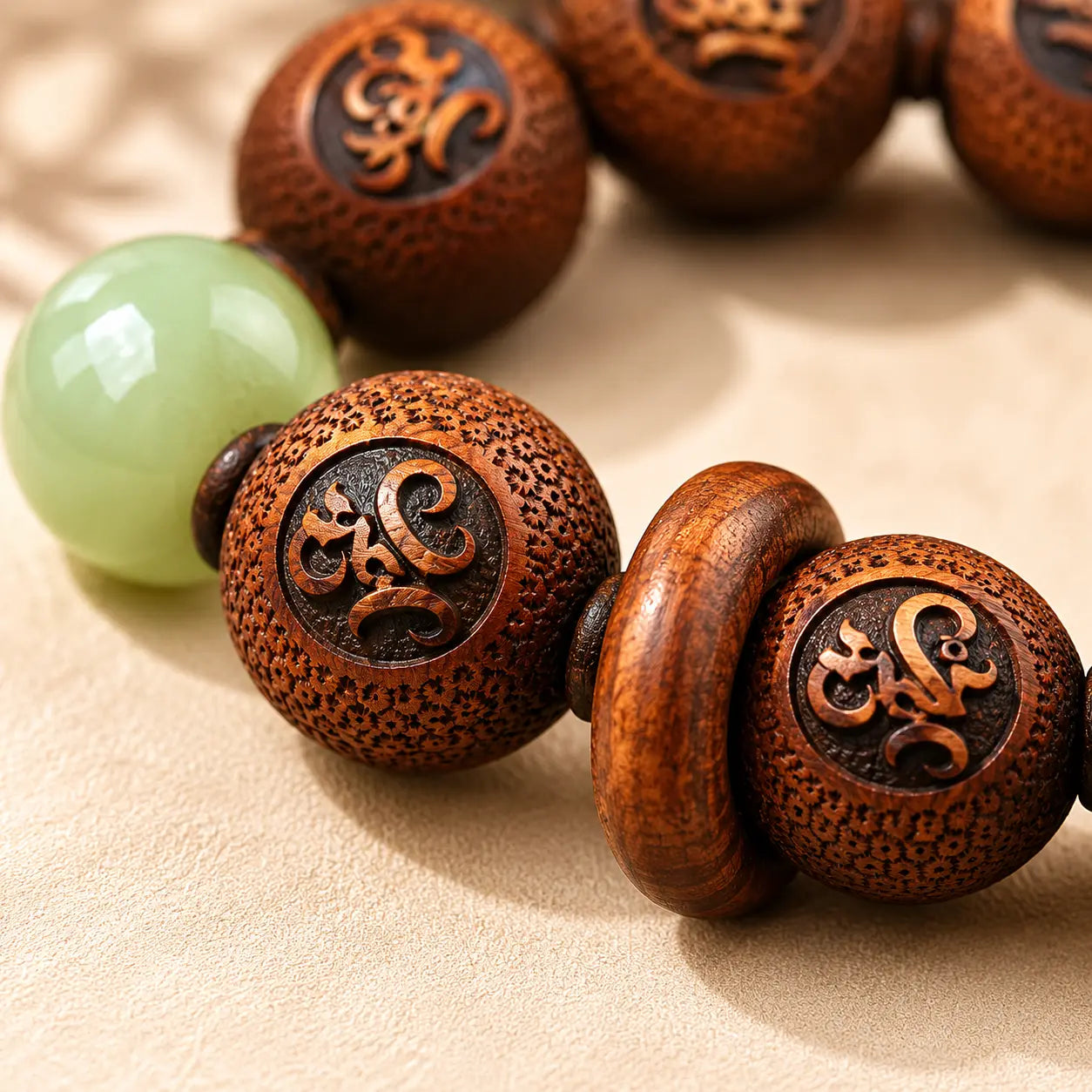 Carved Wood Strand Bracelet shown from another angle