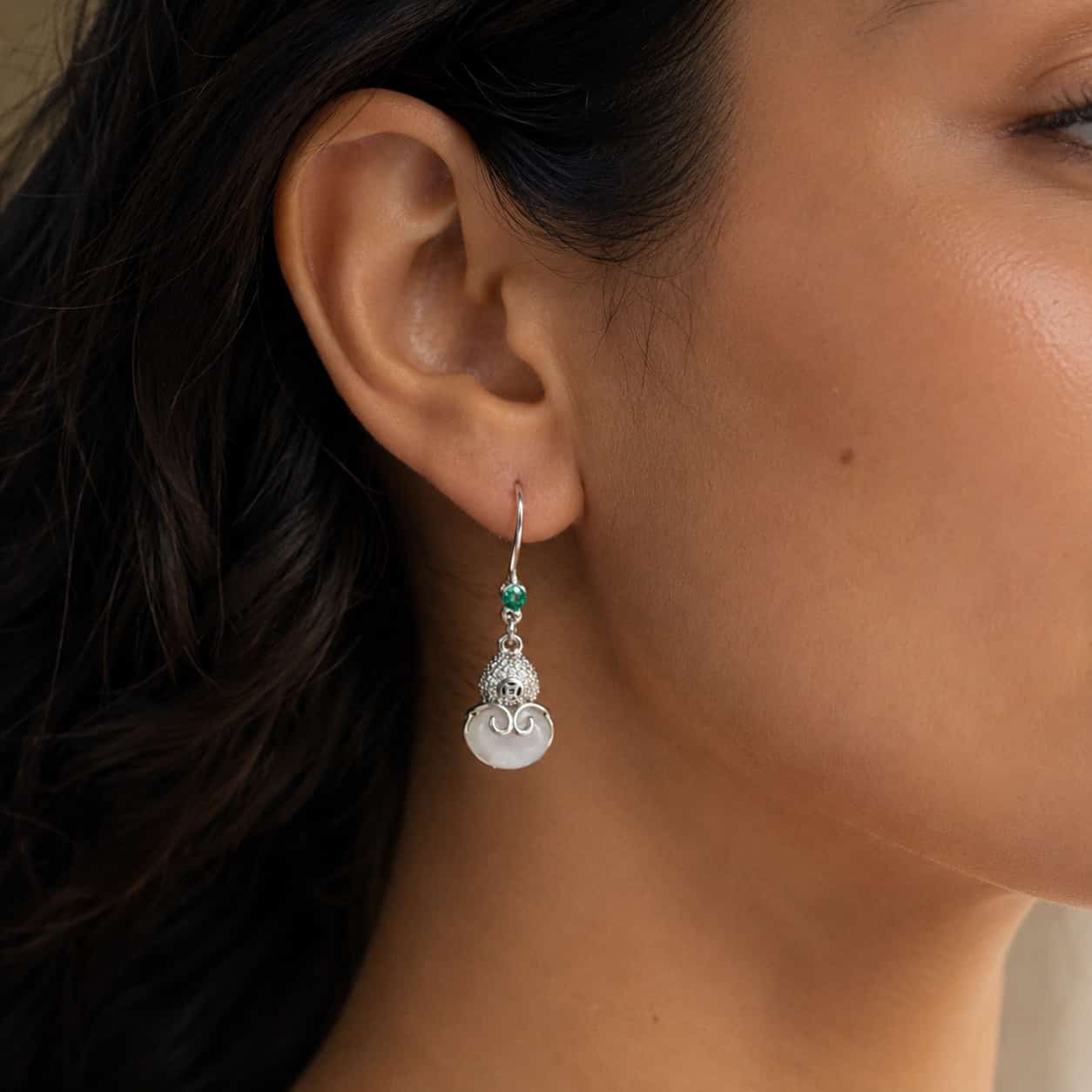 Close-up of Chalcedony Gourd Drop Earrings with chalcedony