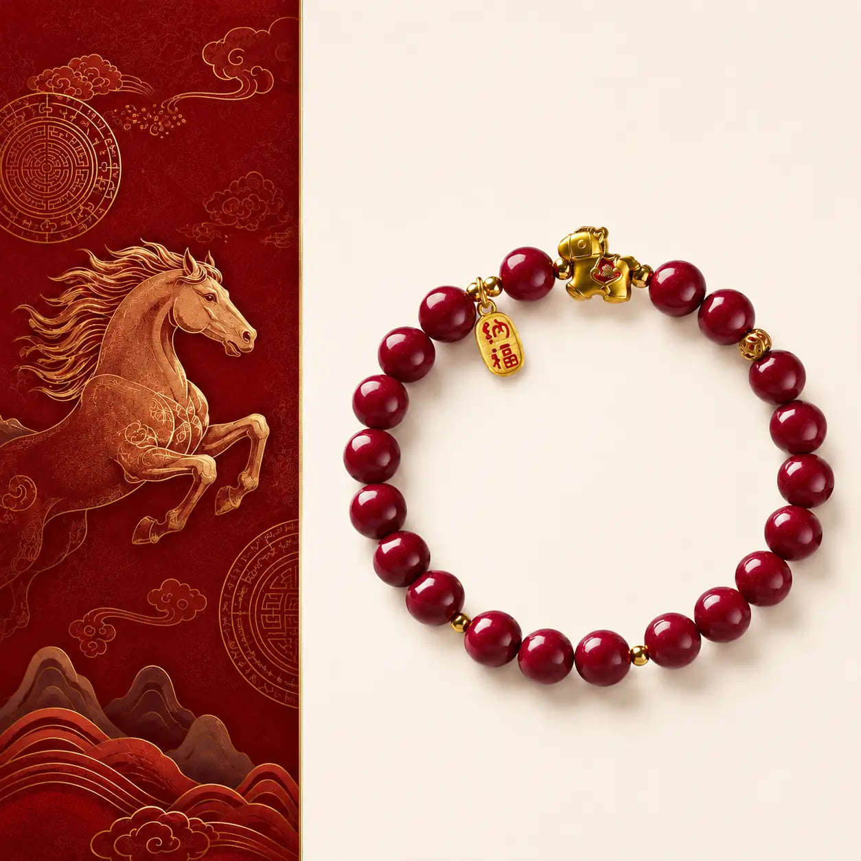 Cinnabar Horse Fu Bracelet with red cinnabar-style beads and horse Fu charm by TheFuMaster