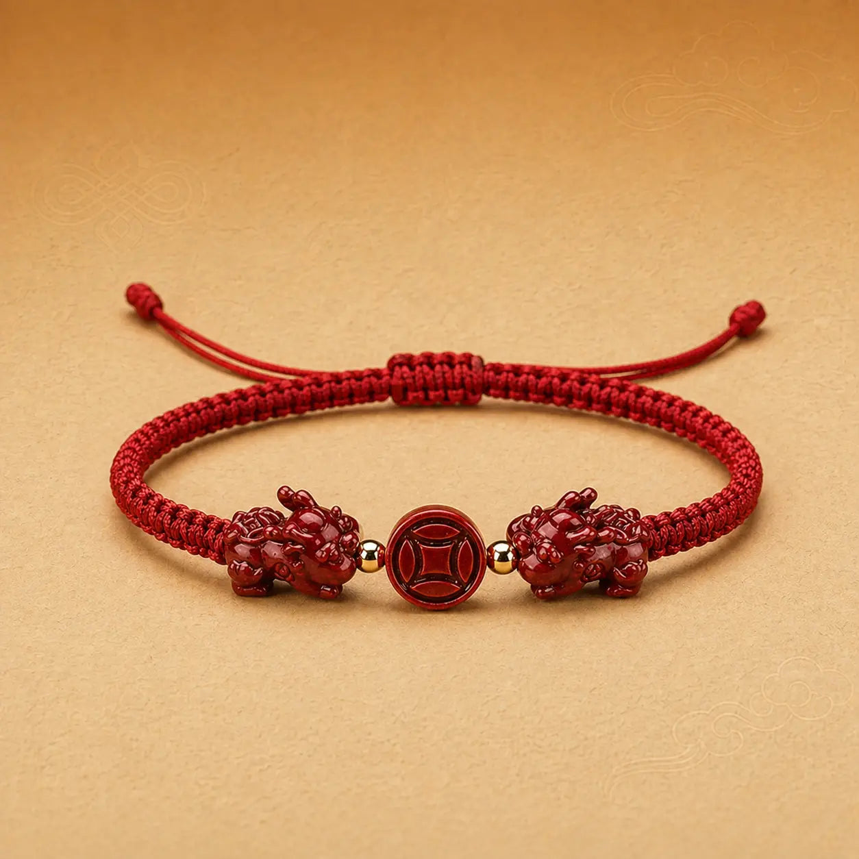 Red bracelet with decorative beads on a beige background