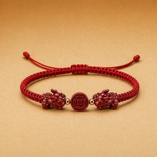 Red bracelet with decorative beads on a beige background