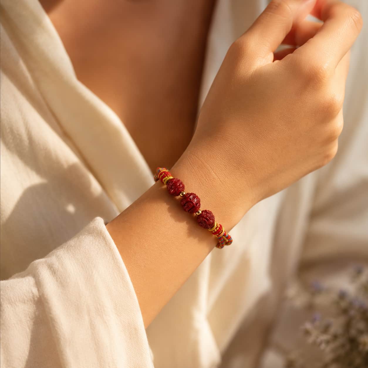 Cinnabar Zodiac Ox Sanhe Bracelet alternate view showing red cord and cinnabar charm details by TheFuMaster