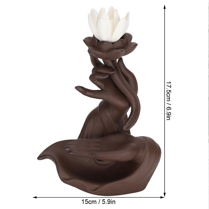 Decorative incense burner shaped like a lotus flower with measurements on a white background