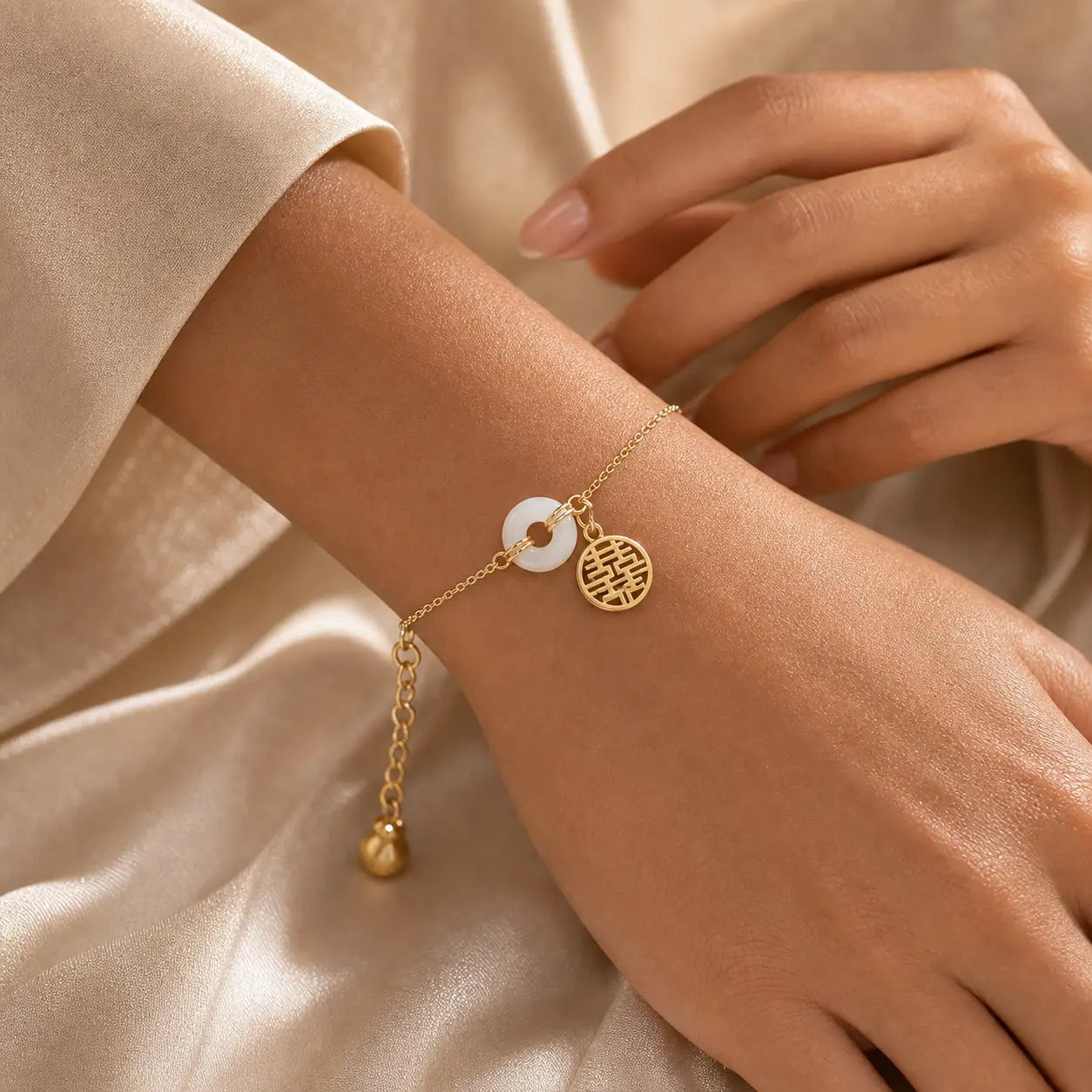 White Jade Double Happiness Bracelet worn on wrist with gold chain and two charms