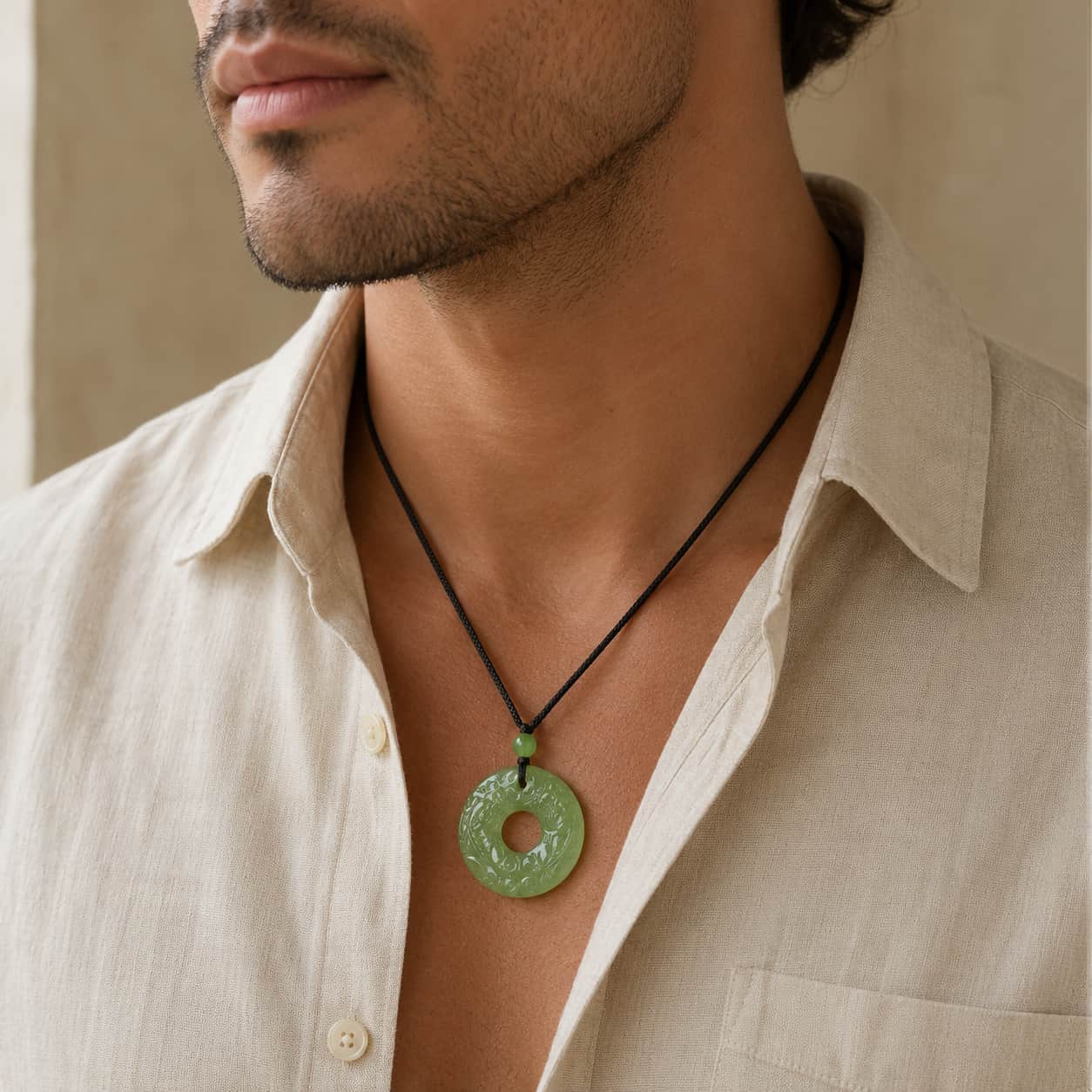 Close-up of Double-Sided Pixiu Jade Peace Buckle Pendant with green jade and pixiu