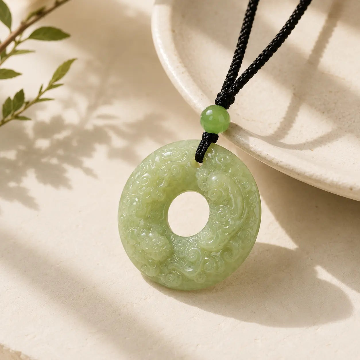 Double-Sided Pixiu Jade Peace Buckle Pendant detail view with green jade and pixiu