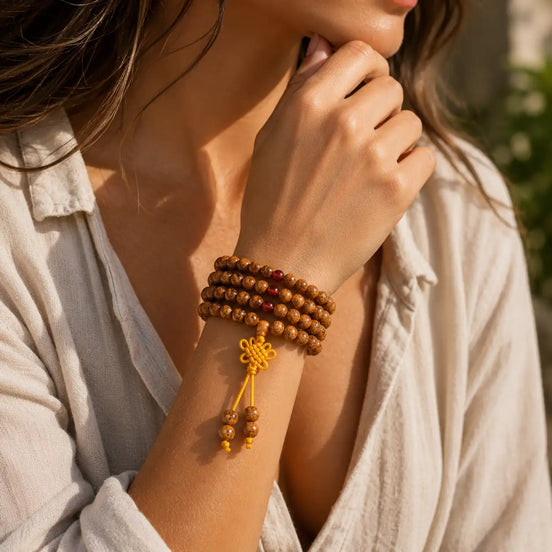 Dragon eye bodhi seed mala worn as a necklace