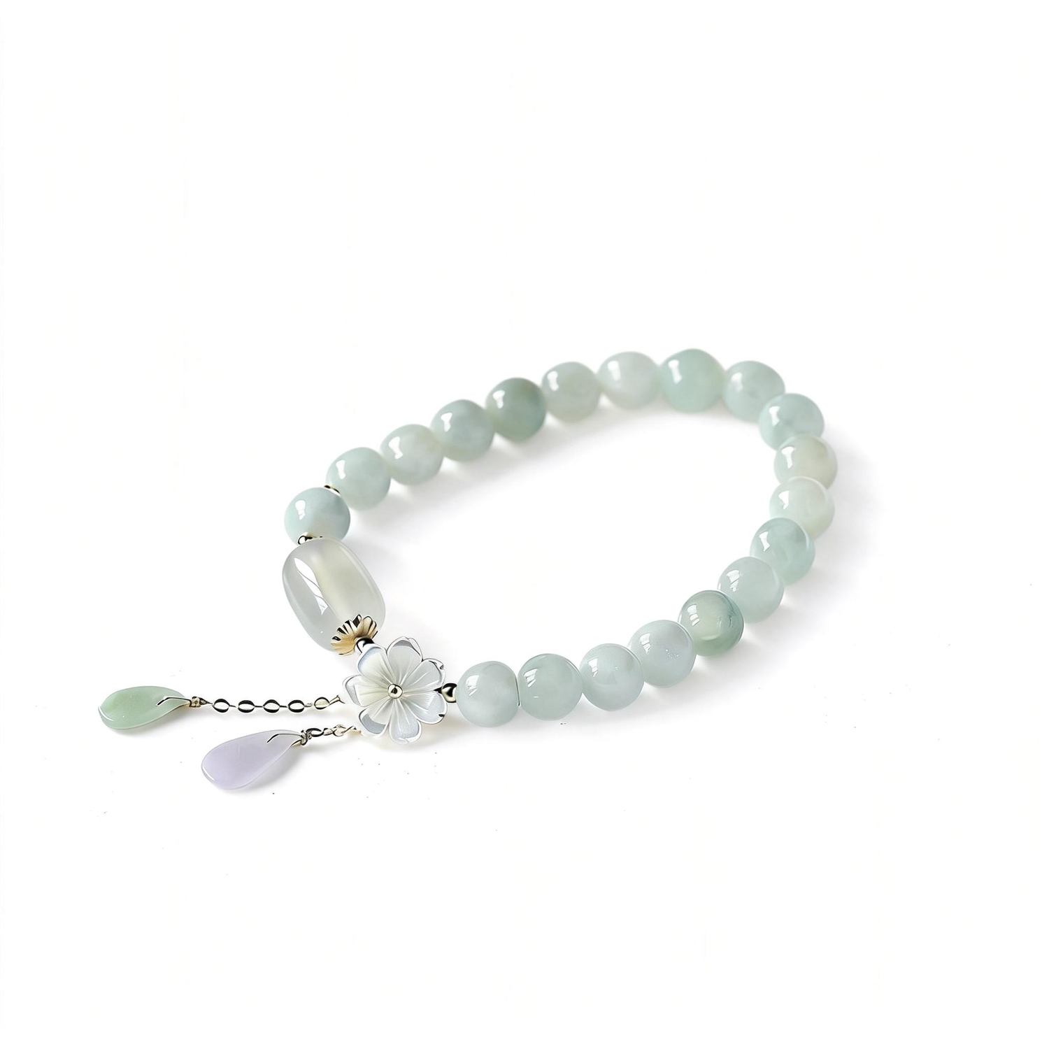 Serene Blossom White Jade Bead Bracelet