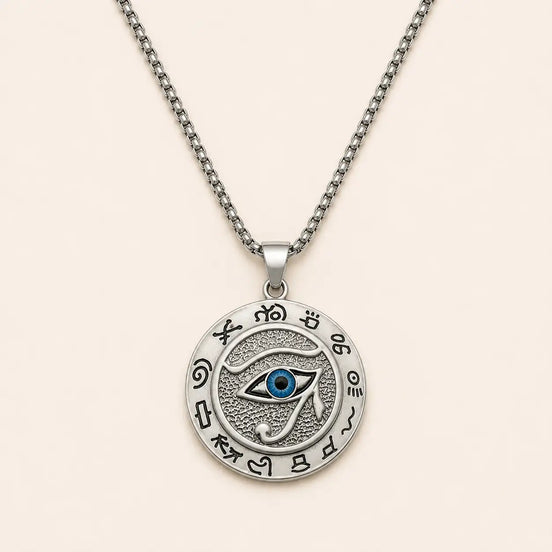 Evil eye pendant necklace worn on the neck