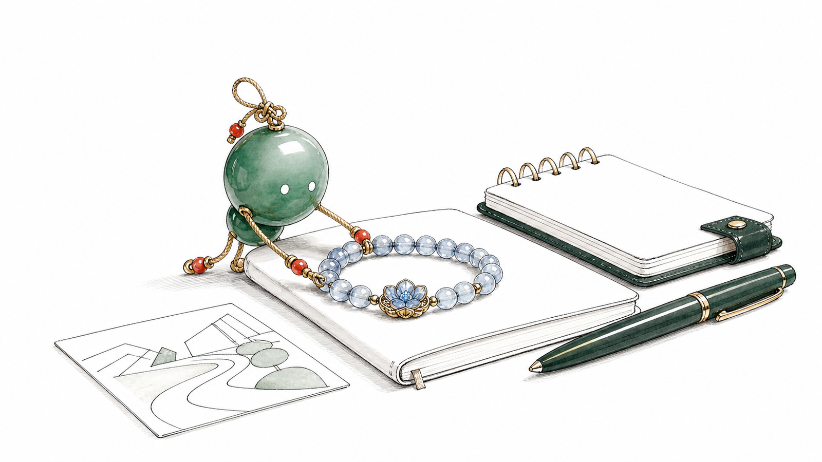 TheFuMaster bead person arranging first-day internship notes beside a subtle bracelet as a calm preparation cue