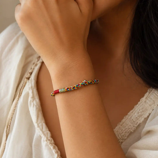 Five color rope bracelet worn on the wrist