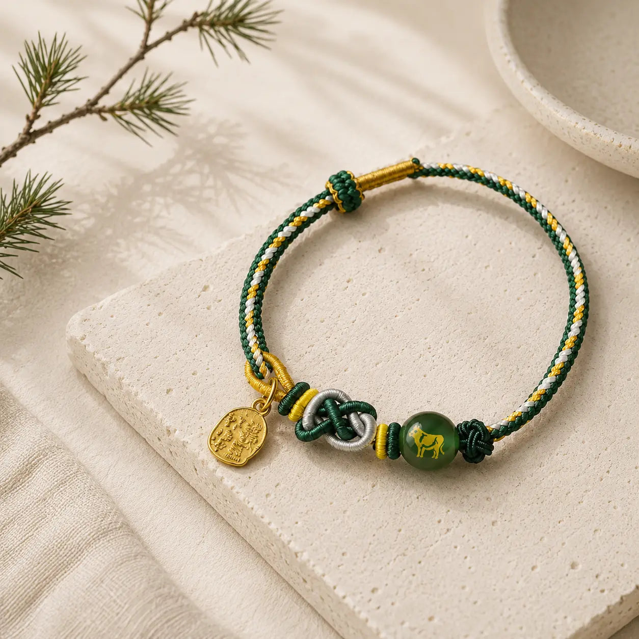 Five Elements Green Rope Zodiac Ox Tai Sui Bracelet detail view