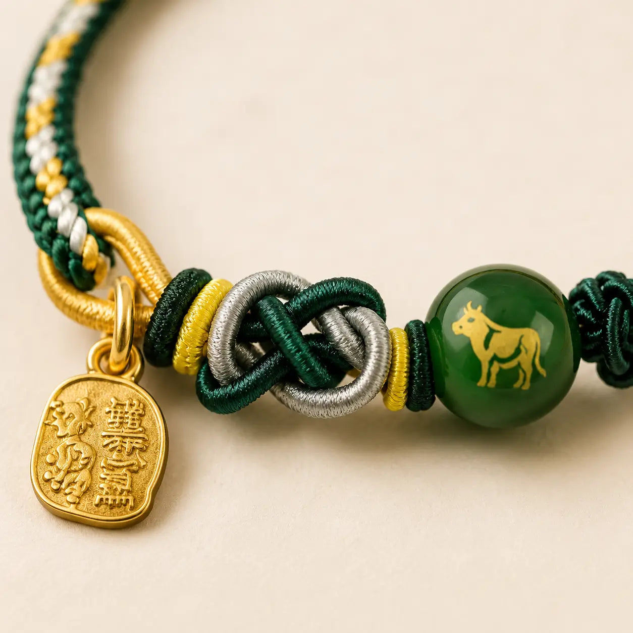 Five Elements Green Rope Zodiac Ox Tai Sui Bracelet shown from another angle