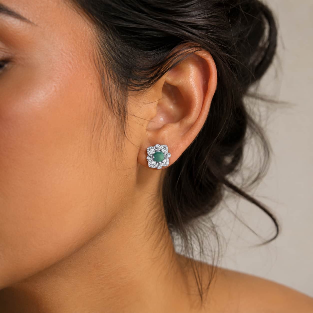 Close-up of Four-Leaf Clover Chalcedony Stud Earrings with chalcedony and four-leaf clover