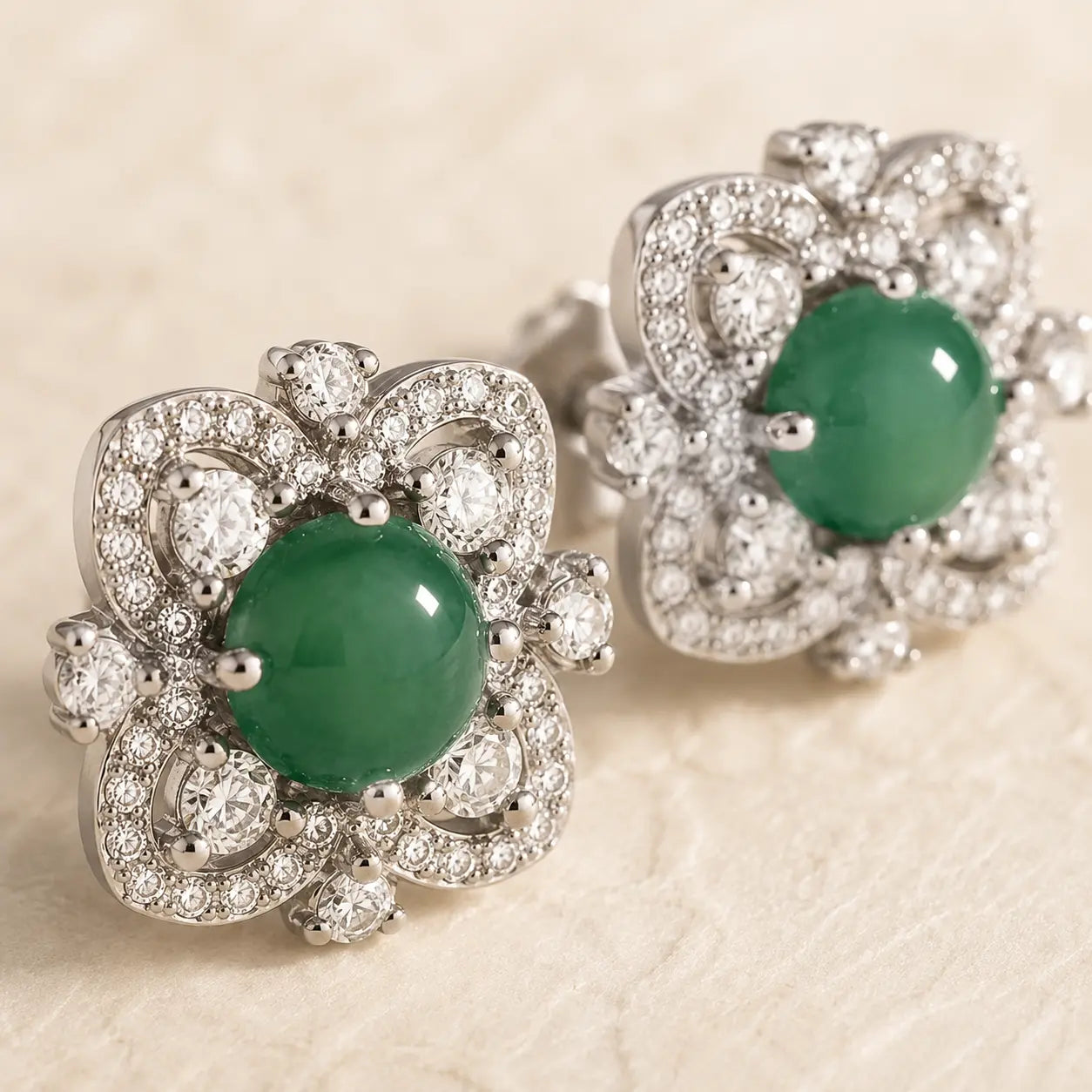 Four-Leaf Clover Chalcedony Stud Earrings shown from another angle with chalcedony and four-leaf clover