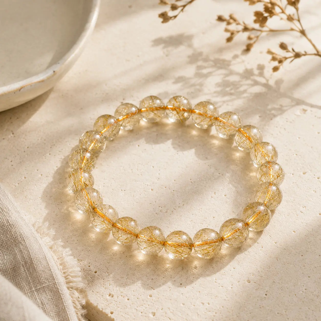 Gold Rutilated Quartz Bracelet detail view with rutilated quartz