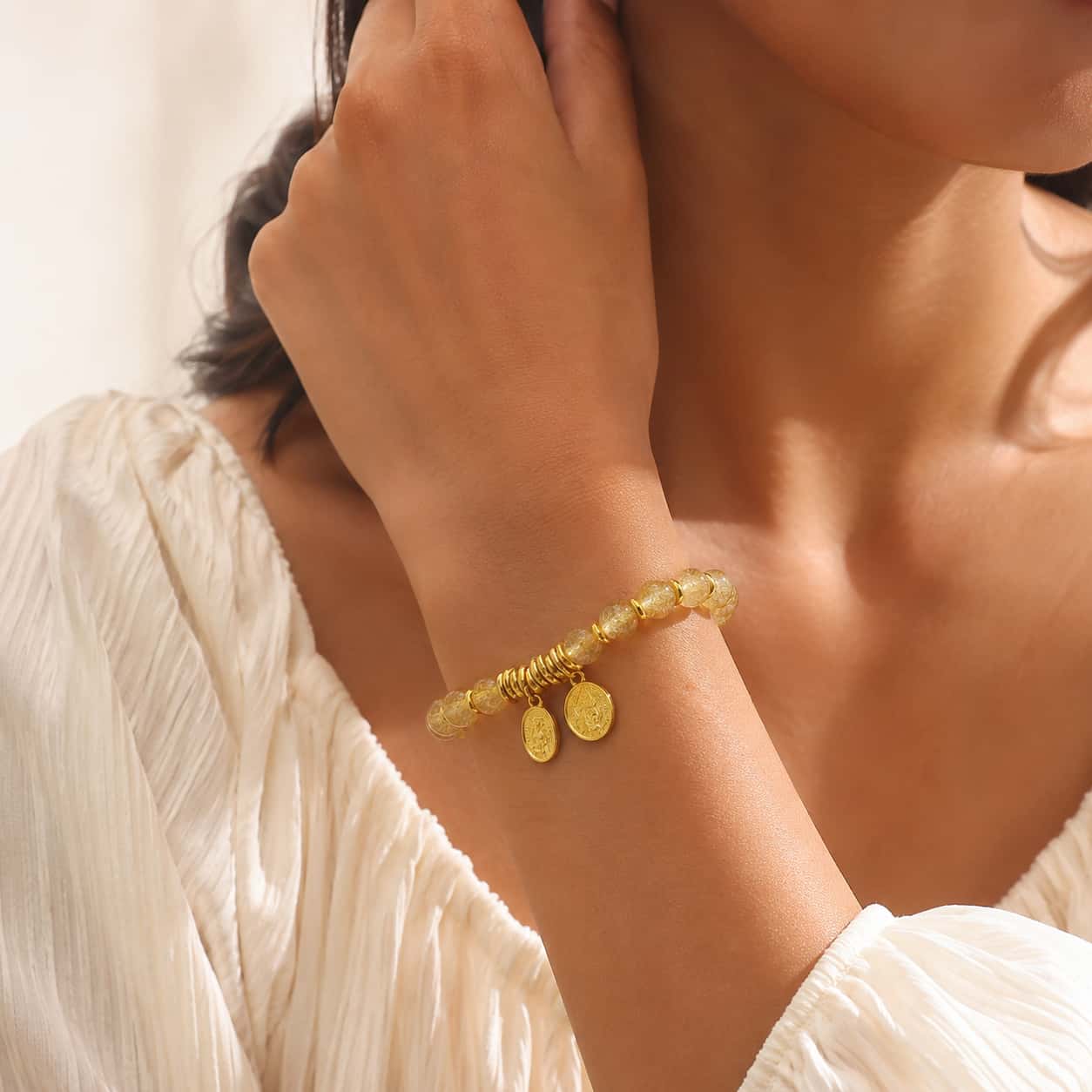 Close-up of Gold Rutilated Quartz Wealth Bracelet with rutilated quartz