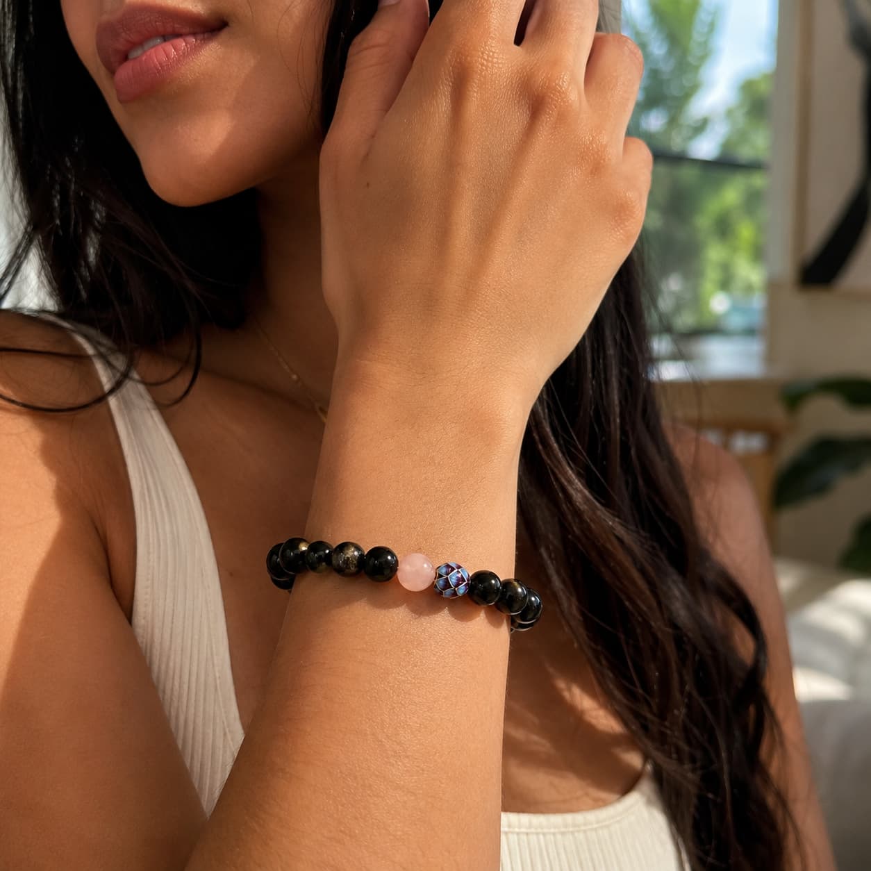 Close-up of Golden Obsidian Lotus Bracelet with lotus